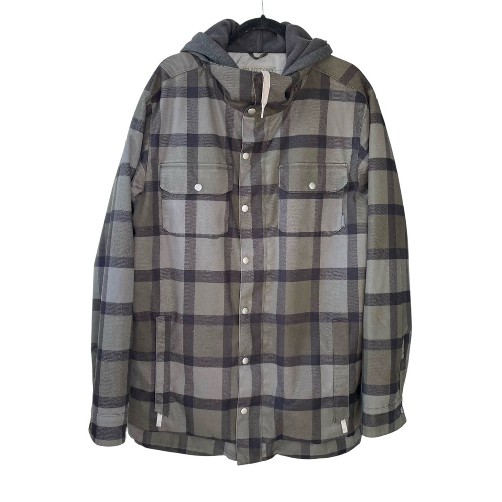 BURTON Hackett Insulated Checked Plaid Shirt Jacket Hood Green Black L